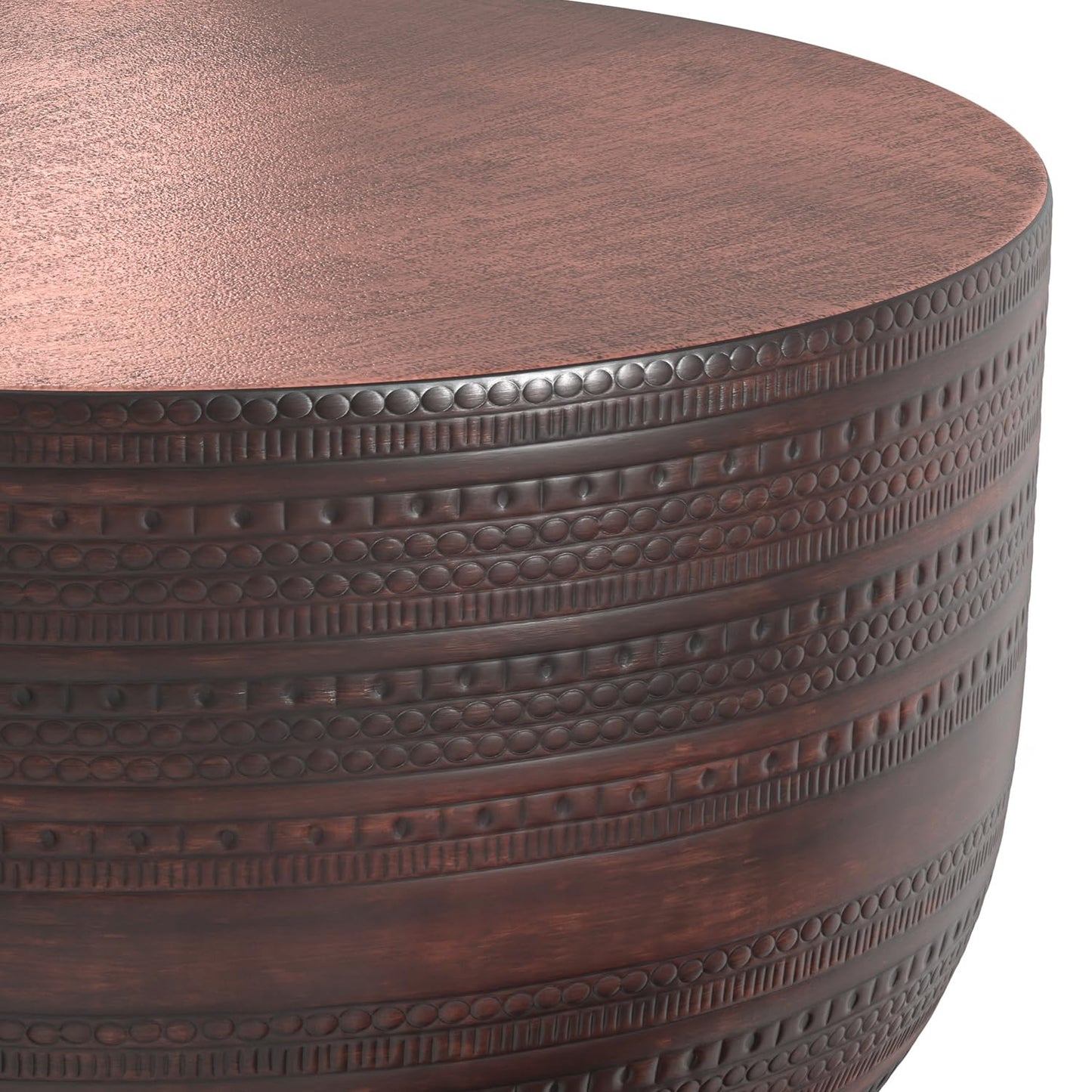 SIMPLIHOME Johnsen Metal Coffee Table - 30 inch Wide Solid Metal Round Drum Accent Table in Bronze, Boho Coffee Table for Living Room or Bedroom with Decorative Textured Design, Assembled