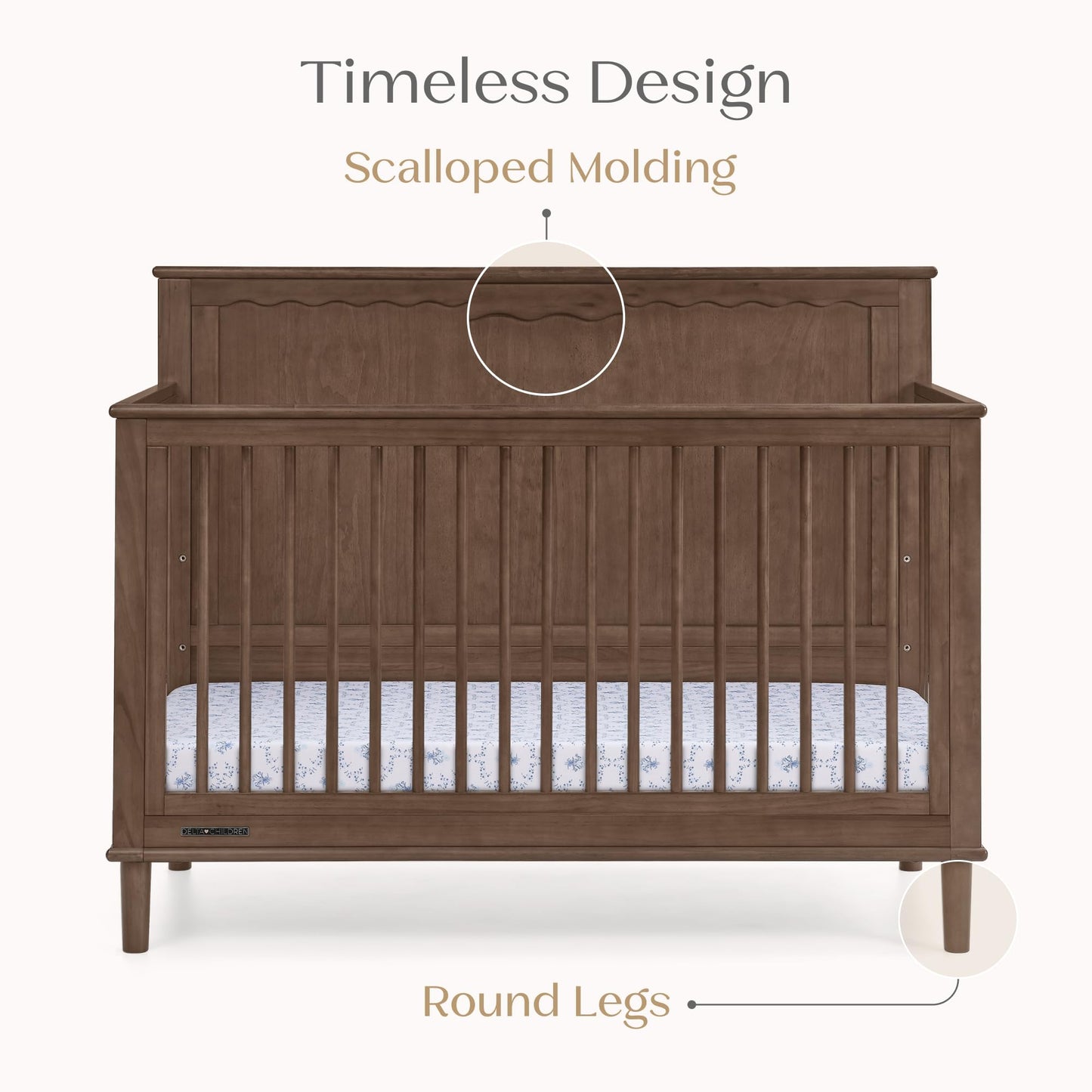 Delta Children Penelope 6-in-1 Convertible Crib - Greenguard Gold Certified, Teak Brown