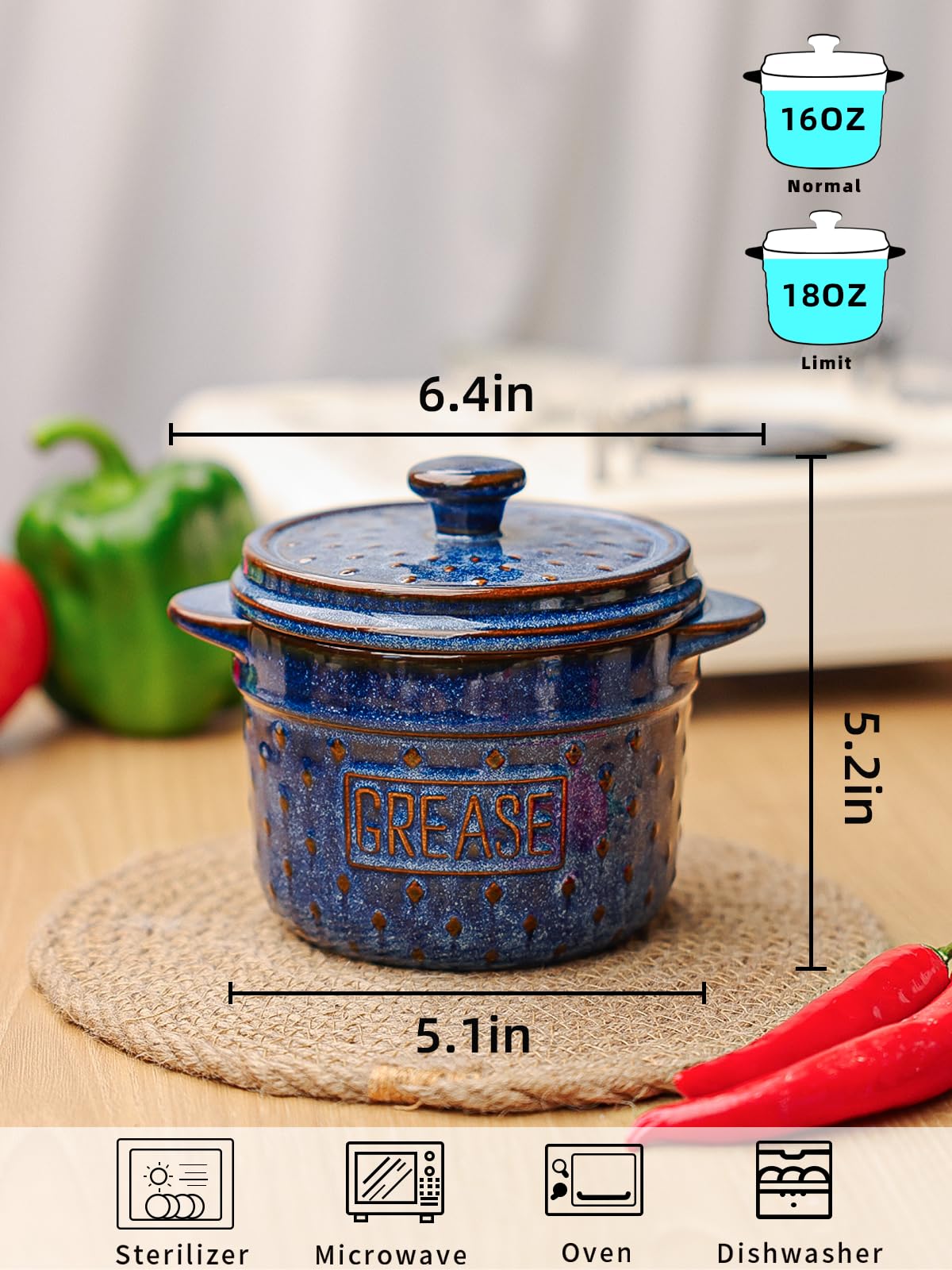 GDCZ Ceramic Bacon Grease Container with Strainer, 18 Oz Bacon Grease Keeper, Bacon Fat Strainer Cooking for Grease Drippings and Storage (Blue)