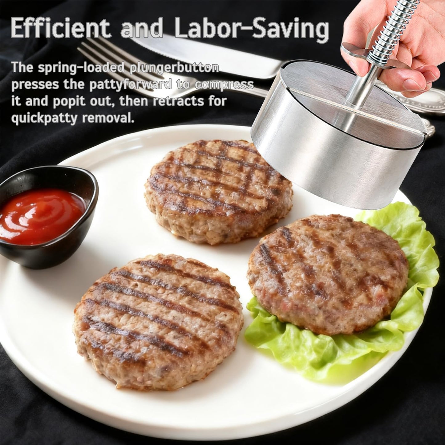 IGRARK Stainless Steel Burger Press,4.5" Hamburger Patty Maker,with Non-Stick Mold & Spring Button, Heavy Duty Easy Release,with 150 Pieces of greaseproof Paper for Beef, Burgers, BBQ
