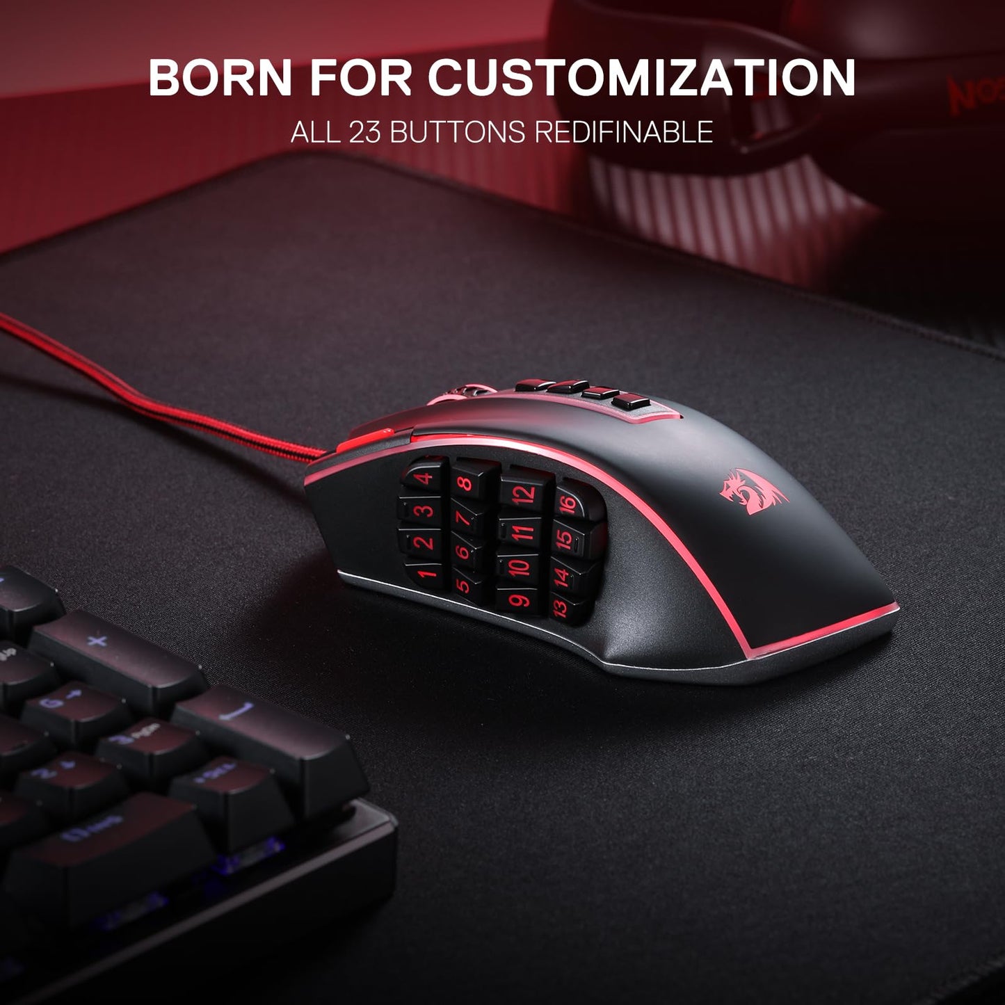 Redragon M913 Impact Elite Wireless Gaming Mouse, 16000 DPI Wired/Wireless RGB Mouse with 16 Programmable Buttons, 45 Hr Battery and Pro Optical Sensor, 12 Side Buttons MMO Mous