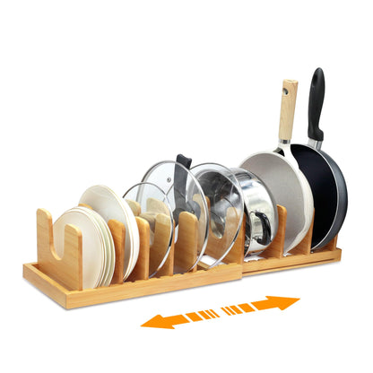 MinBoo Bamboo Expandable Pot Lid Organizer, Pot and Pan Organizer Drawer Organizer for Pot Lids, Adjustable 10 U-Shaped Dividers for Kitchen Cabinet Organizers and Storage (Bamboo-1)