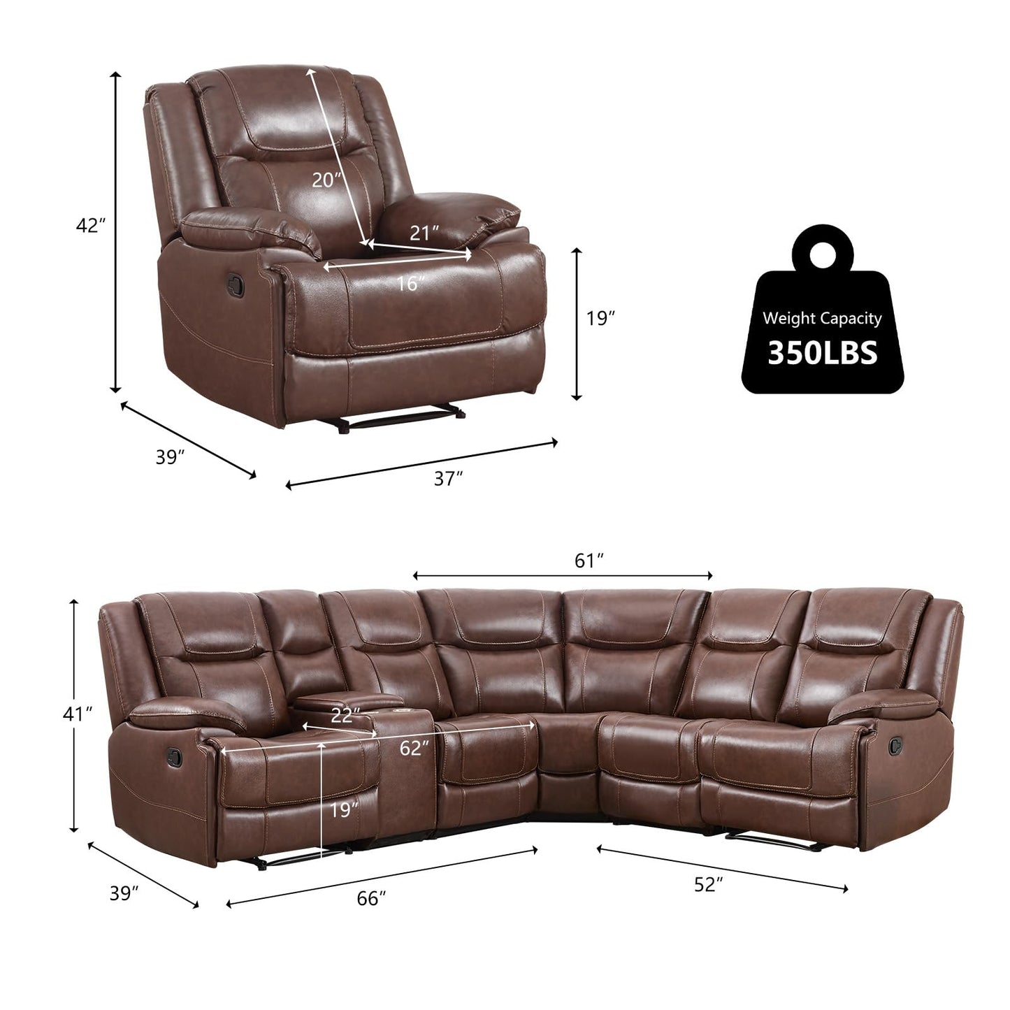 EBELLO Genuine Leather Recliner Sectional Sofa Set, Manual Reclining Corner Couches with Storage Console and Hidden Cup Holders, Extra Wide Footrest for House/Living Room, Brown
