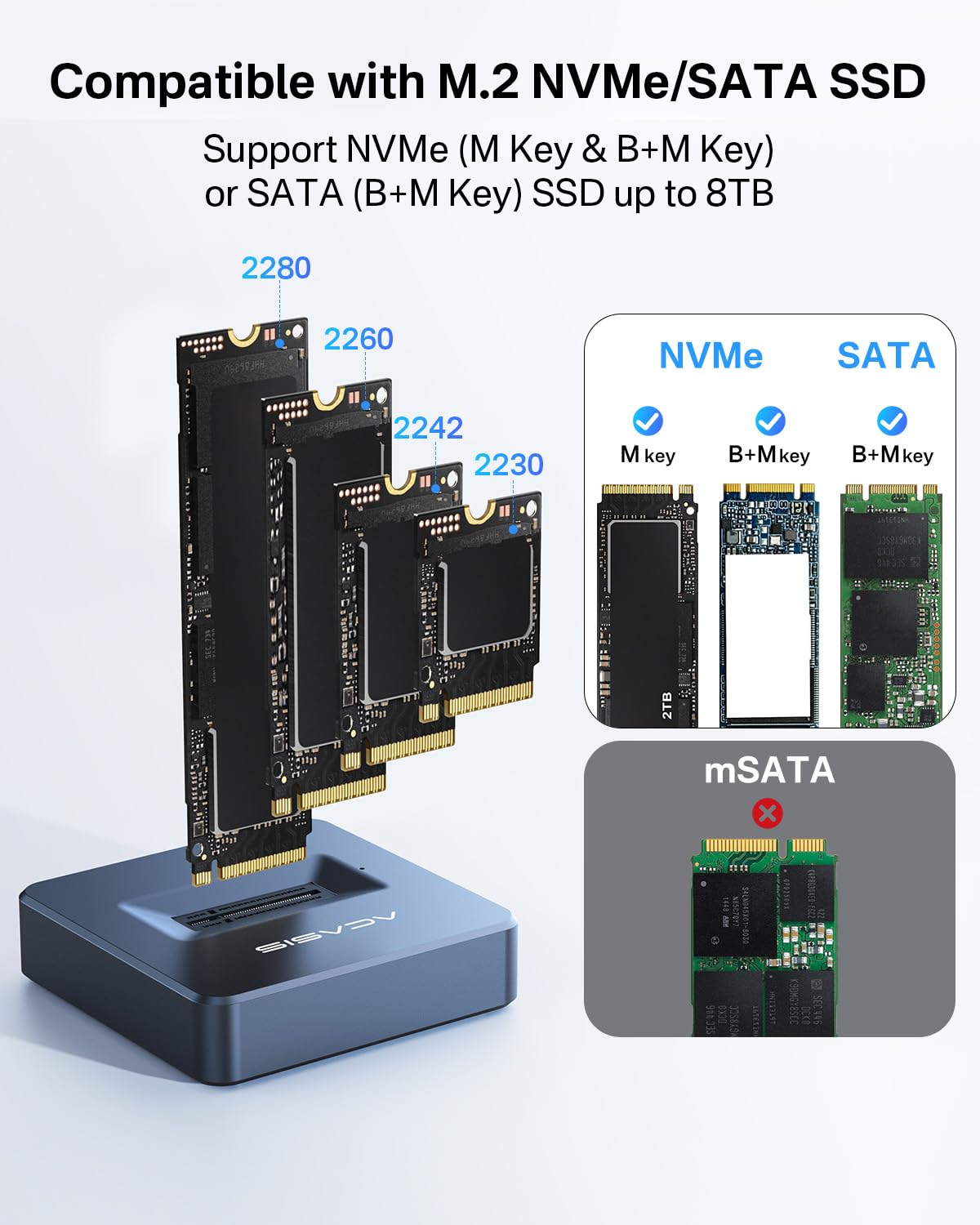ACASIS M.2 NVMe & SATA to USB C Docking Station, NVME SSD Enclosure Adapter, USB 3.2 Gen 2(10 Gbps), Aluminium Alloy Housing, Support M.2 (M Key) NVMe and (B+M Key) SATA-Based SSD