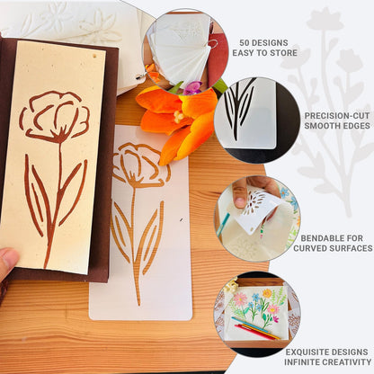 50PCS Flower Stencils for Painting, Small Botanical Stencils for Crafts Reusable, Plastic Drawing Templates for Painting on Wood, Wall, Card, Scrapbooking