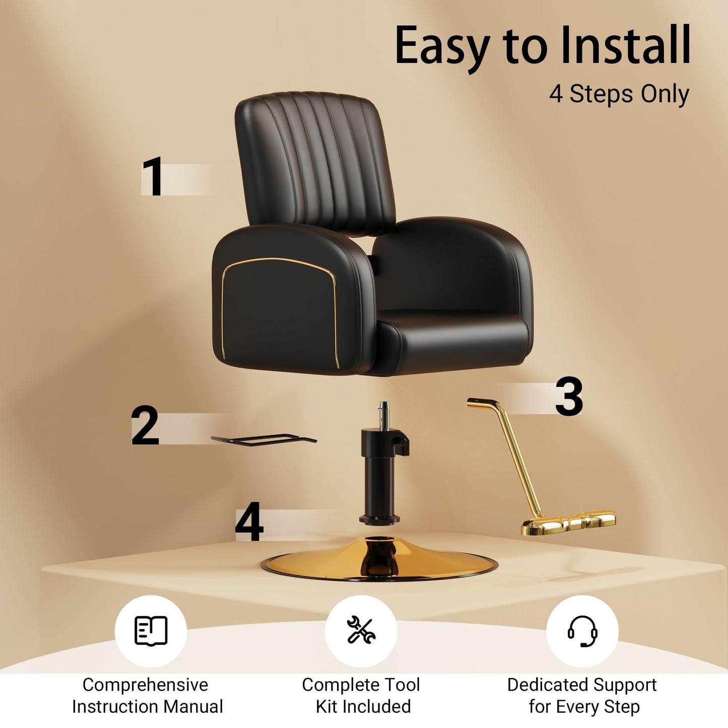 Baasha Professional Black & Gold Salon Chair, Luxury Hydraulic Styling Chair with Soft PU Leather, High-Density Foam Cushion, 360° Swivel, Stainless Steel Frame, Ergonomic Design, 330 lbs Capacity