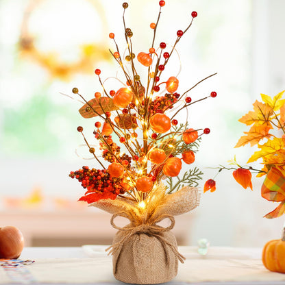 Pinkunn Fall Thanksgiving Centerpieces for Tables Decorations 16 Inch Lighted Fall Tree Tabletop with Artificial Pumpkins Berries Leaves Burlap Base Autumn Decor for Home Indoor Office Desk Party