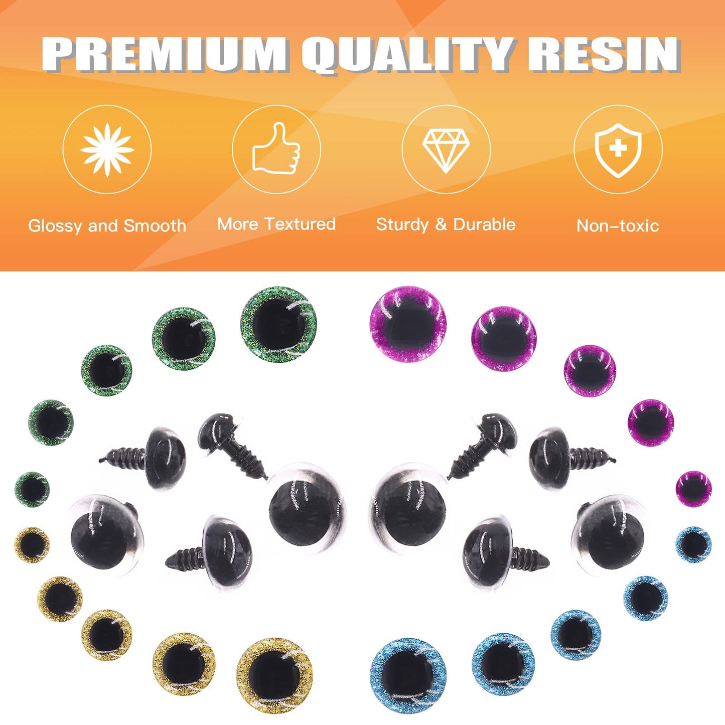 Rustark 160 Sets Glitter Plastic Safety Eyes Stuffed Crochet Eyes Craft Doll Eyes Kit with Washers for DIY Crafts Projects 12 14 16 18 20mm Yellow Green Light Purple Blue