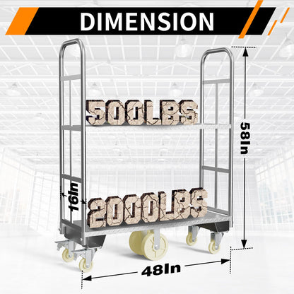 Two Tier U-Boat Platform Truck Cart, 16 x 48Inch Narrow Aisle Flatbed Truck w/6PCS Wheel Caster 2500LBS Weight Capacity Heavy Duty Platform Dolly with Removable Handles for Warehouse, Storage Room