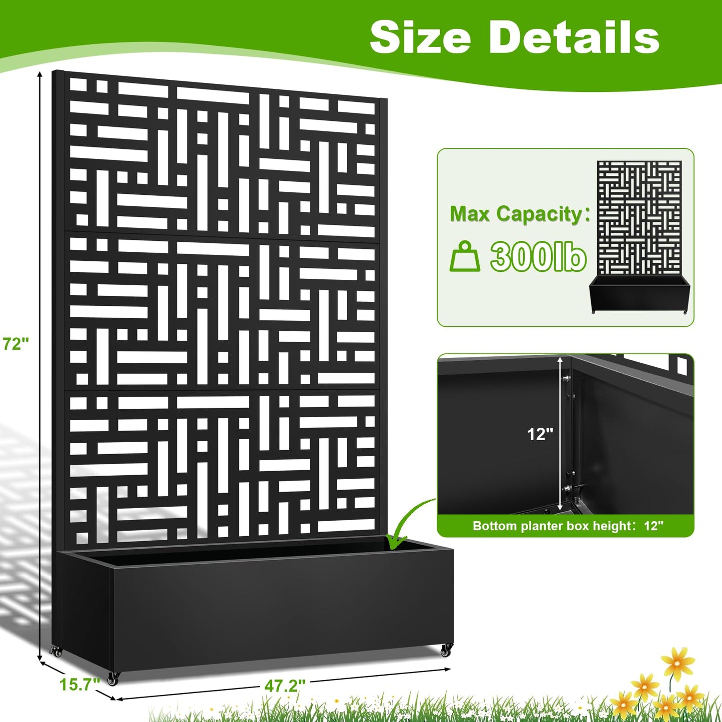 Meyoppm 72"x47"x16" Metal Planter Box with Trellis, Galvanized Steel Raised Garden Bed with Lockable Casters & Drainage Holes, Outdoor Large Planter Box for Climbing Plants, Vegetables & Flowers