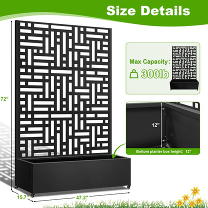 Meyoppm 72"x47"x16" Metal Planter Box with Trellis, Galvanized Steel Raised Garden Bed with Lockable Casters & Drainage Holes, Outdoor Large Planter Box for Climbing Plants, Vegetables & Flowers