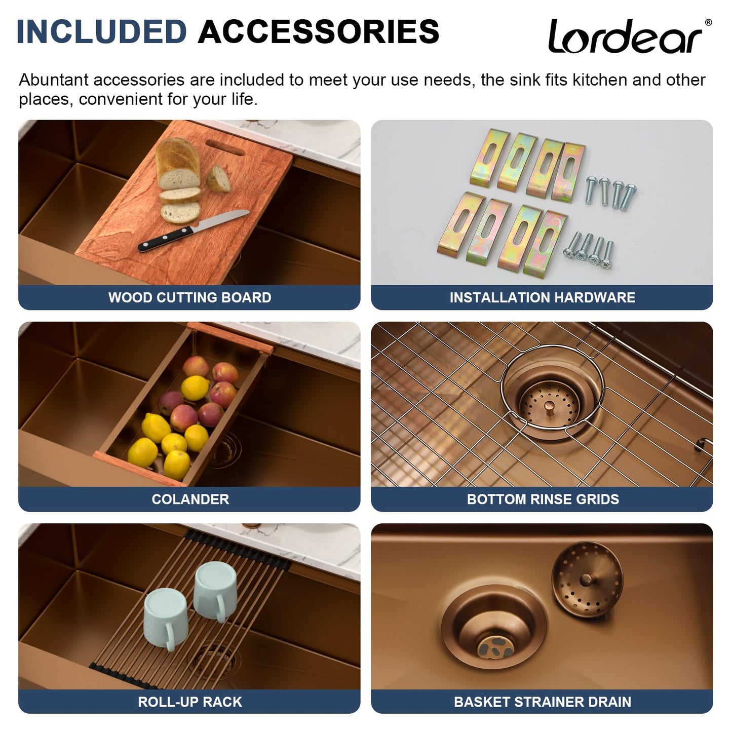 Lordear 33x21Inch Rose Gold Farmhouse Kitchen Sink Workstation SUS304 16-Gauge Stainless Steel Farmhouse Sink Apron Fron Farm Style Undermount Sinks, 33"x21"x10"
