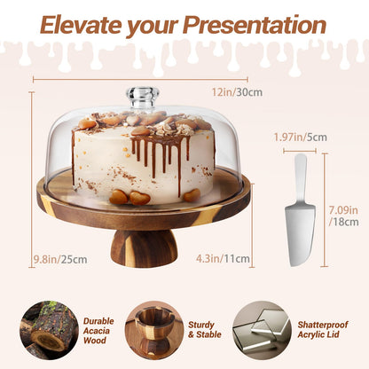 BOTOP Acacia Wood Cake Stand with Lid - 12 Inch Acrylic Dome Cake Cover for Display - 2-in-1 Pedestal Cake Holder & Charcuterie Board - Rustic Wedding Registry Gift & Party Hosting Essentials