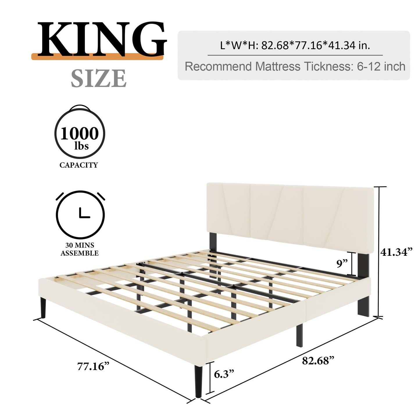 King Size Platform Bed Frame with Upholstered Headboard, Wooden Slats Support, Noise Free, No Box Spring Needed, Easy Assembly, Beige, Velvet
