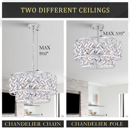 20'' Modern 6-Light Chrome Crystal Pendant Chandelier, Luxury Round Semi Flush Mount Ceiling Light for Living Room, Dining Room, Kitchen, Foyer, Bedroom
