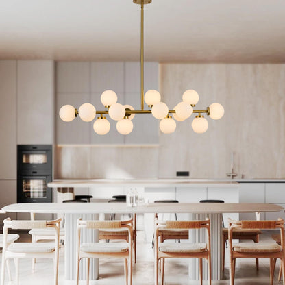 XILICON Linear Chandeliers Modern Brushed Brass Chandeliers for Dining Room 16-Lights and White Glass Pendant Lighting Mid Century Globe Dining Light Fixture for Living Room Kitchen