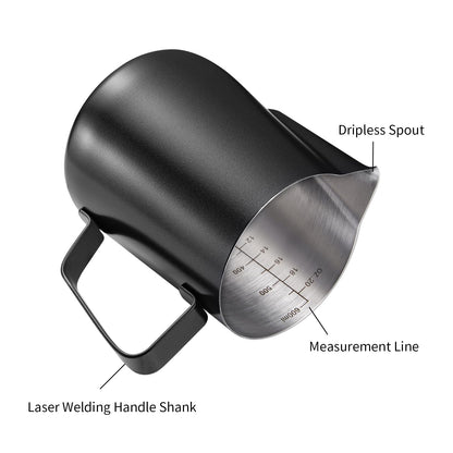 2 Pack Matte Black Milk Frothing Pitcher, 12oz/350ml & 20oz/600ml Espresso Steaming Pitcher, Stainless Steel Milk Frother Steamer Cup, Perfect for Espresso Coffee Cappuccino Latte Art