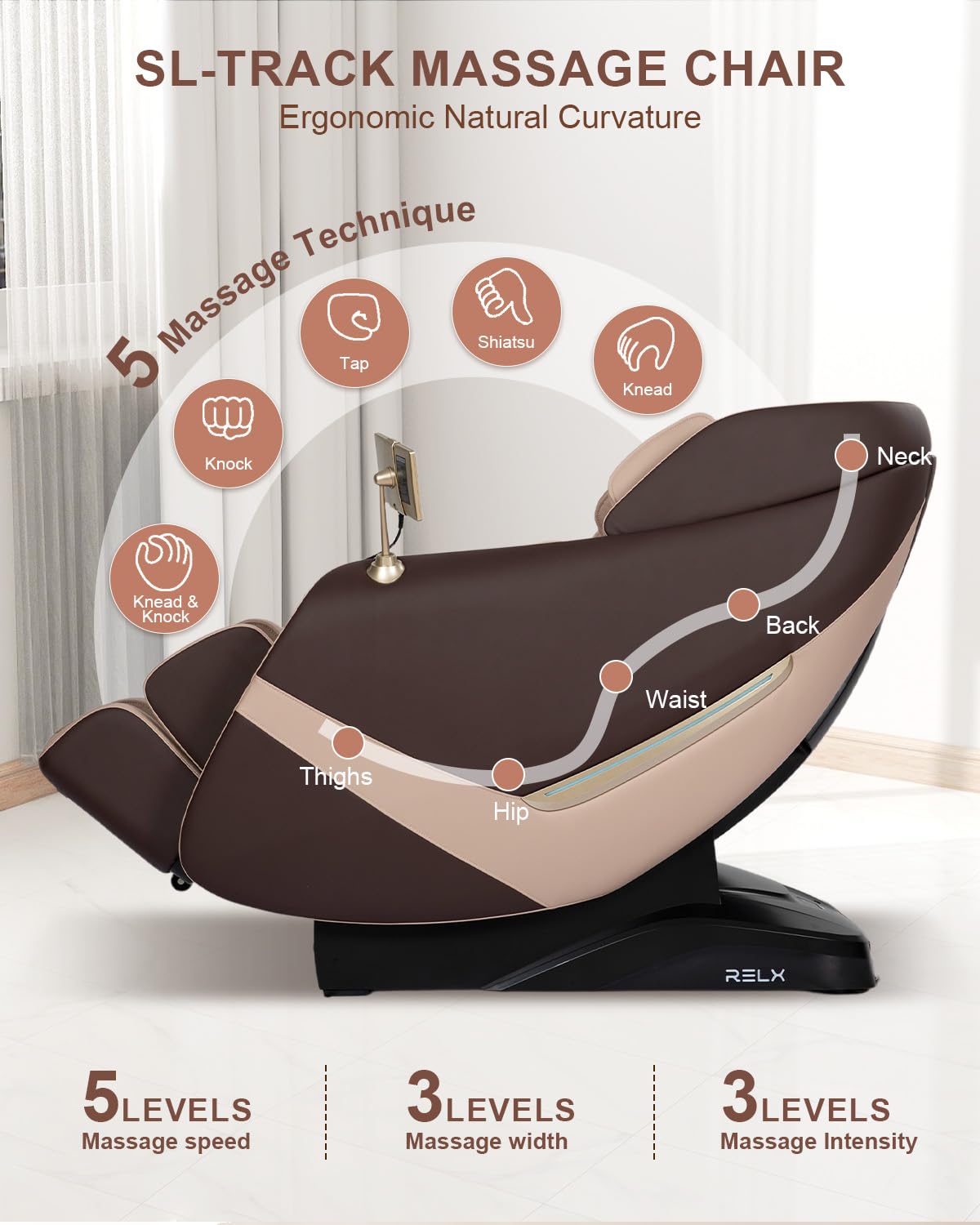 RELX 2026 Massage Chair Full Body, Zero Gravity Airbag Shiatsu Massage Chair with SL-Track, Heating, AI Control, Body Scan, 13 Modes, Foot Rollers, and Deep Yoga Stretch (Coffee)