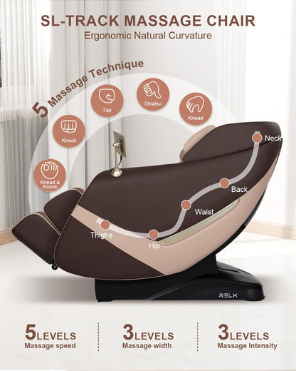 RELX 2026 Massage Chair Full Body, Zero Gravity Airbag Shiatsu Massage Chair with SL-Track, Heating, AI Control, Body Scan, 13 Modes, Foot Rollers, and Deep Yoga Stretch (Coffee)
