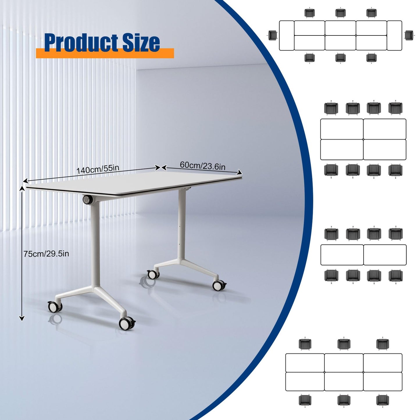 Modular Folding Conference Room Table with Wheels - 4 Pack Flip Top Mobile Training Table,Modern Meeting Tables 2-30 Person,White,55.1"x21.6"x29.5"