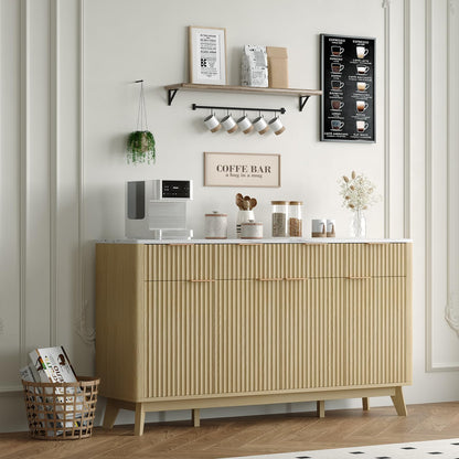 IDEALHOUSE 60" Large Farmhouse Sideboard Buffet Cabinet with Storage Drawers & Adjustable Shelves, Wood Fluted Buffet Storage Cabinet & Coffee Bar Console Table for Living Room & Kitchen Dining Room