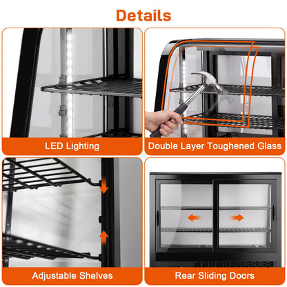 Commercial Cake Display Refrigerator, 100L Countertop Curved Glass Cooler with LED Light, Digital Thermostat, Frost-Free Pastry Showcase, Tempered Glass & Rear Sliding Doors for Bakery/Cafe/Home