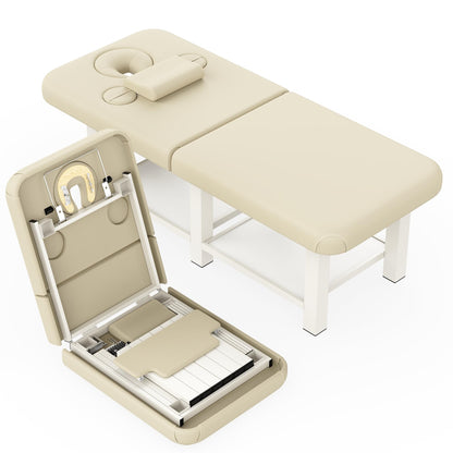 Extra Large 34 in × 80 in Folding Stationary Massage Table with Adjustable Backrest & Armpit Opening , Heavy-Duty Metal Frame Treatment Bed for Spa, Physical Therapy, Tattoo, Facial - Beige Gray