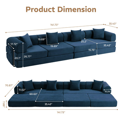 Trygoal 142" Oversized Modular Sectional Sofa Bed, 7-in-1 Convertible Corduroy Cloud Couch with Storage Bag & Reinforced Frame, Deep Seat Sectional Couches for Living Room, Tool-Free Assembly, Blue
