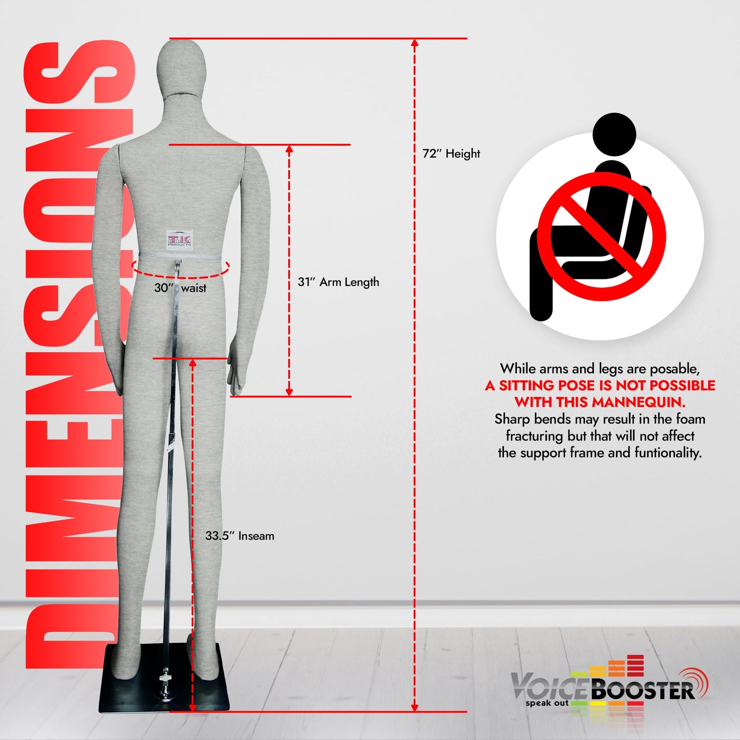 Full Body Male Mannequin by Voicebooster Speak Out - Flexible, Bendable, Poseable Standing Model with Adjustable Arms - Soft Foam Dress Form for Costumes, Clothing Display, Sewing - Grey