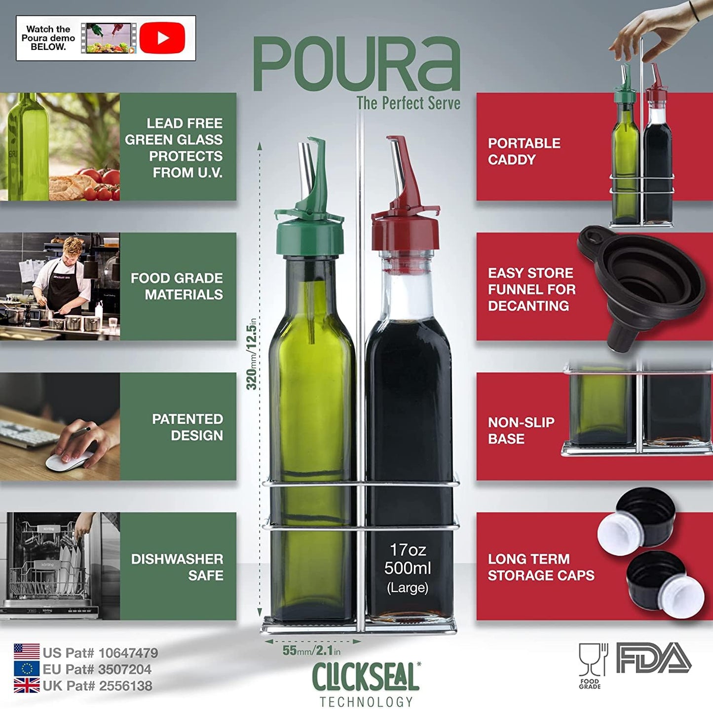 Poura Vinegar and Olive Oil Bottle Drizzler Set with ClickSeal BPA Free Pour Spouts | Glass Oil & Vinegar Dispenser Bottles for Cooking & Dining | Hygienic Covers + Silicone Decanter Funnel 500ml
