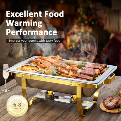 Chafing Dishes for Buffet 6 Pack, 9QT [Elegant Gold and Silver Colors] Stainless Steel Chafing Dish Buffet Set [Sturdy and High Grade] Chafers and Buffet Warmers Sets for Any Party with Complete Set