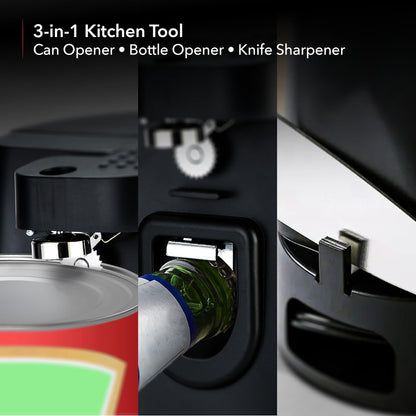 OVENTE 3-in-1 Electric Can Opener, Bottle Opener and Knife Sharpener with Stainless Steel Blade and Easy to Use One-Touch Button, 70W Automatic Multifunctional Kitchen Countertop Tool, Black CAN33B
