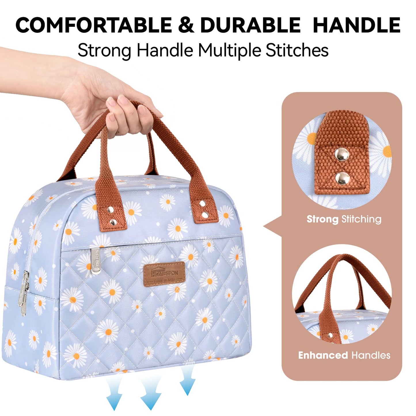 HOMESPON Insulated Lunch Bag for Women Men Adults Lunch Tote with Front Pocket Lunch Box Container Cooler Bag for Work Picnic (Blue Daisy)
