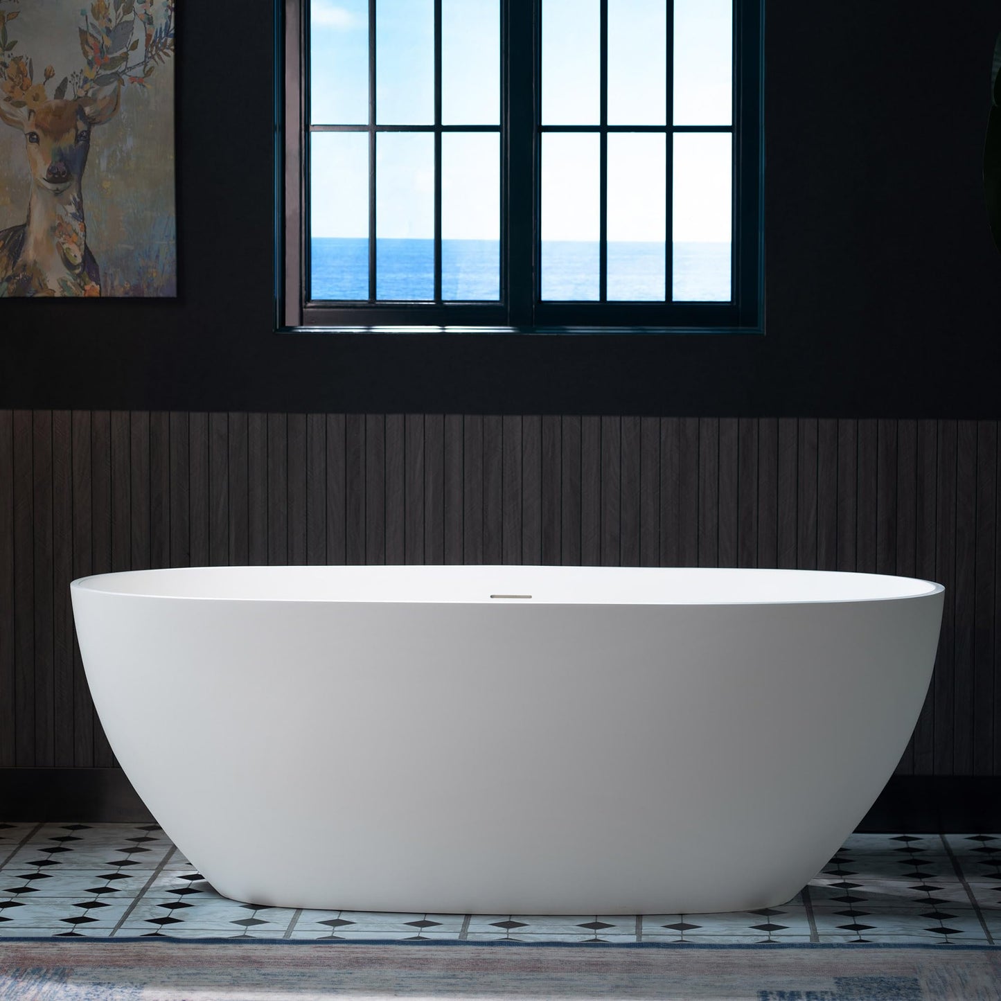 WOODBRIDGE 63" L x 28.35" W Stone Resin Luxury Contemporary Solid Surface Freestanding Soaking Tub in Matte White