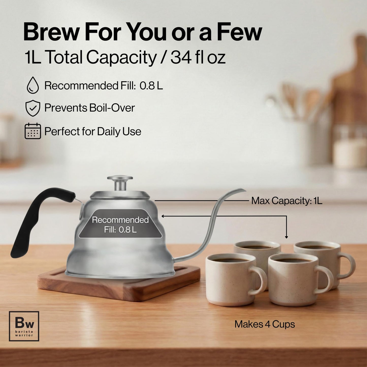 Barista Warrior Gooseneck Kettle with Thermometer - 1L Pour Over Coffee & Tea Kettle, 18/8 Stainless Steel Gooseneck Kettle Pot, Precision Pour Drip Spout, Suitable for All-Stoves (34 fl oz)