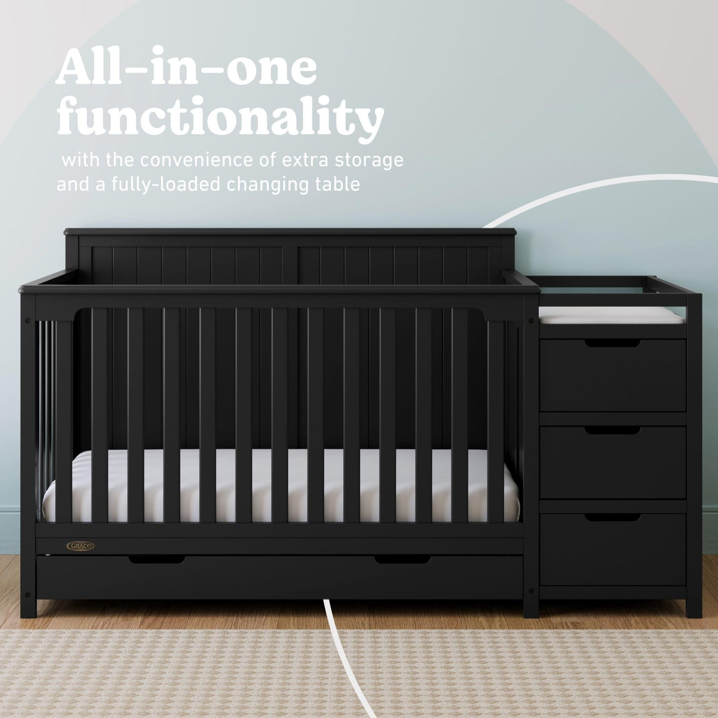Graco Hadley 5-in-1 Convertible Crib & Changer – GREENGUARD Gold Certified, Fits Standard Crib Mattress, Converts to Toddler Bed and Full Bed, 4 Adjustable Mattress Heights (Black)