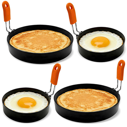 Jibrelxion 4 Pack Professional Egg Ring Set, Stainless Steel Griddle Pancake Shapers, Round Fried Egg Molds with Orange Silicone Handle for Cooking, Breakfast, Omelette and Sandwich, (4,6 Inch)