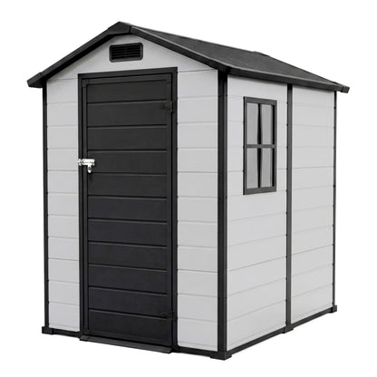 Outdoor Storage Shed with Floor, Plastic Resin Garden Shed with Window & Sloping Roof & Lockable Door for Patio Backyard Garden, Lawn Mower, Bike, Tool Storage (Grayish White + Black, 4' x 6')