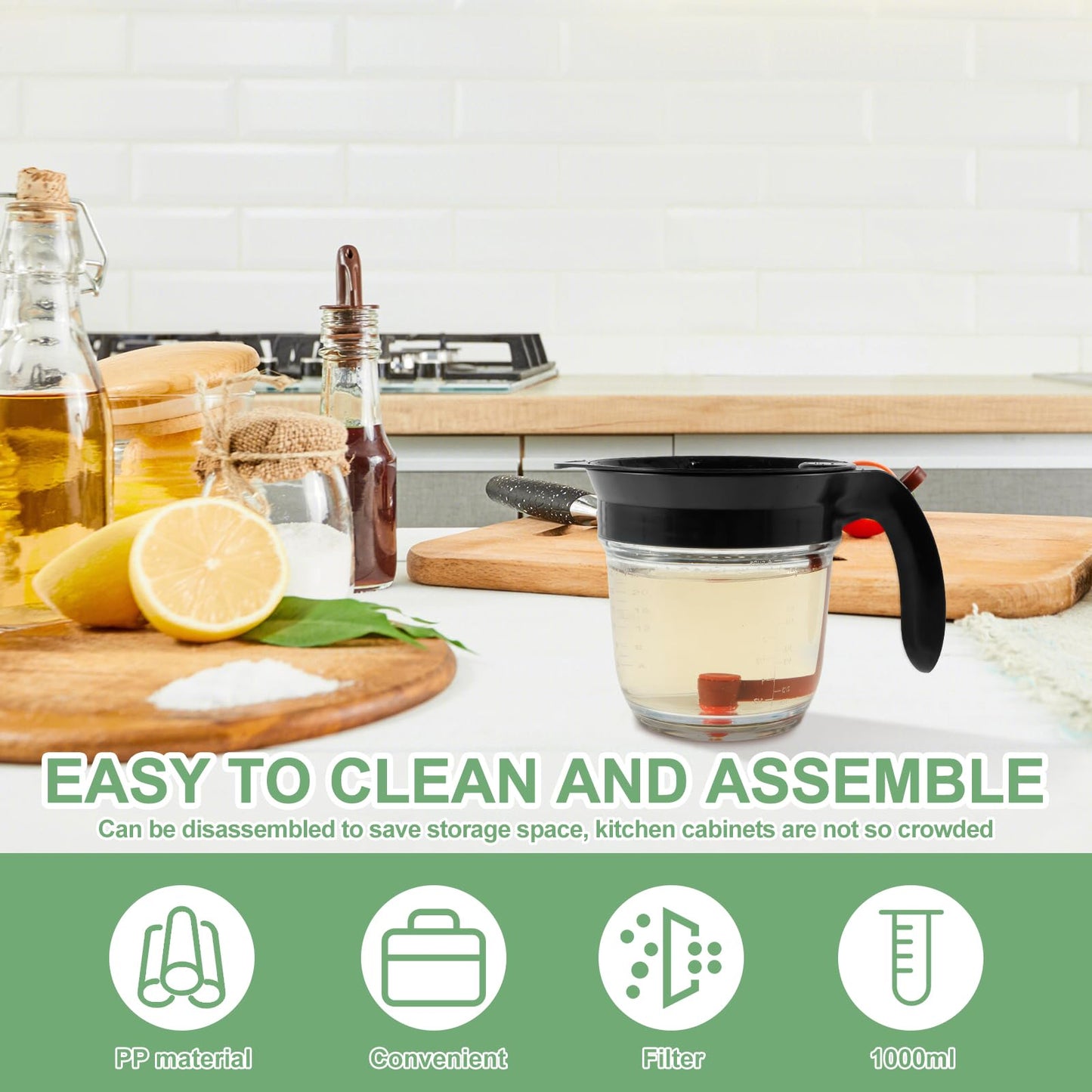 Fat Separator with Bottom Release and Oil Strainer Gravy Separator 4 Cups or 1000ml Fat Strainer Measuring Cup Plastic Soup Oil Separator Fat Skimmer for Gravy Sauces and Other Liquids Black
