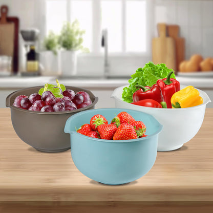 Cheeren Set of 3 Mixing Bowls with Pour Spout-Nesting Design Saves Space - Non-Slip, BPA Free, Dishwasher Safe Plastic - Kitchen Cooking and Baking Supplies (Blue Grey white)