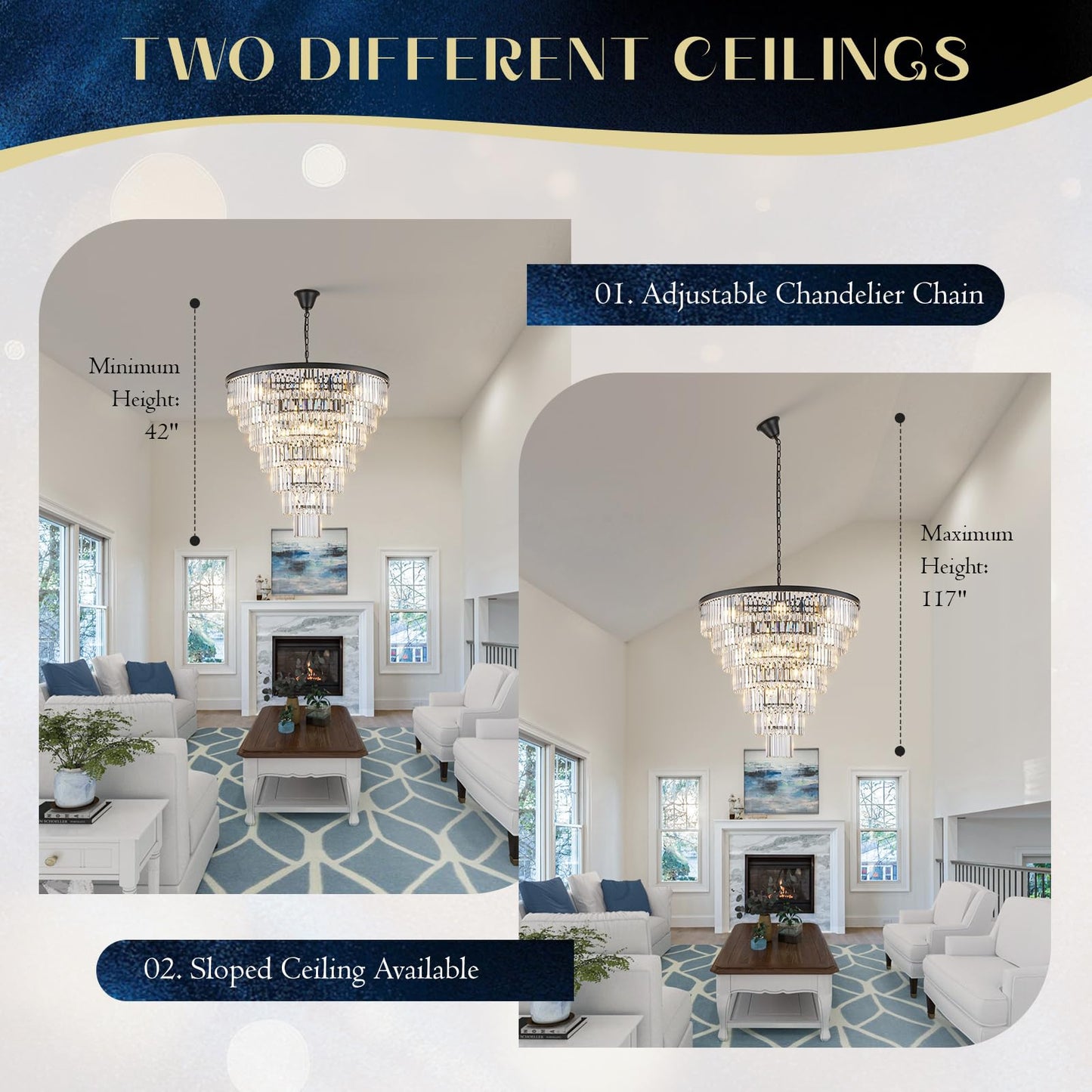 MERINEA Large Black Crystal Chandelier 36" Round Chandeliers for Staircase Modern 22 Lights 7-Tier Luxury K9 Crystal Ceiling Pendant Lighting Fixture for High Ceiling Living Room Foyer