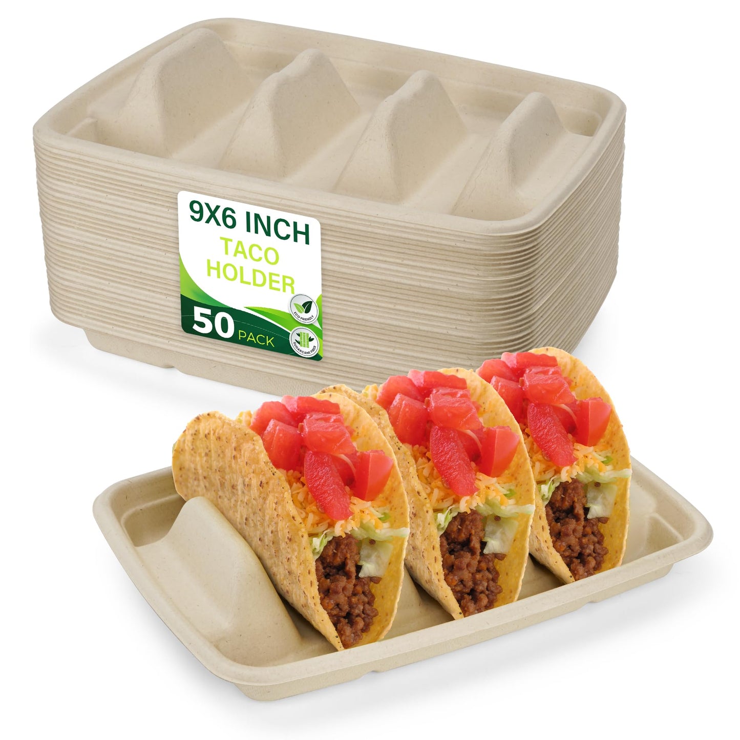 BIRCHIO 50 Pack Heavy Duty Disposable Fiesta Taco Holders, Taco Plates with 3 Dividers Serving for Party, Taco Stand for Taco Tuesday, Perfect for Taco Bar Supplies