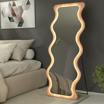 COOL2DAY 65" x 24" Led Wavy Full Length Mirror with Lights, Shatter-Proof Hanging/Leaning Irregular Wall Mirror, Wooden Led Floor Mirror for Dressing Bedroom Living Room