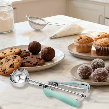 Cookie Scoops for Baking Set of 2, 18/8 Stainless Steel Ice Cream Scoop Set with Ergonomic Soft Grip, Spring Trigger Release Cookie Dough Scooper for Cupcakes, Muffins, Meatballs - Pink & Mint Green