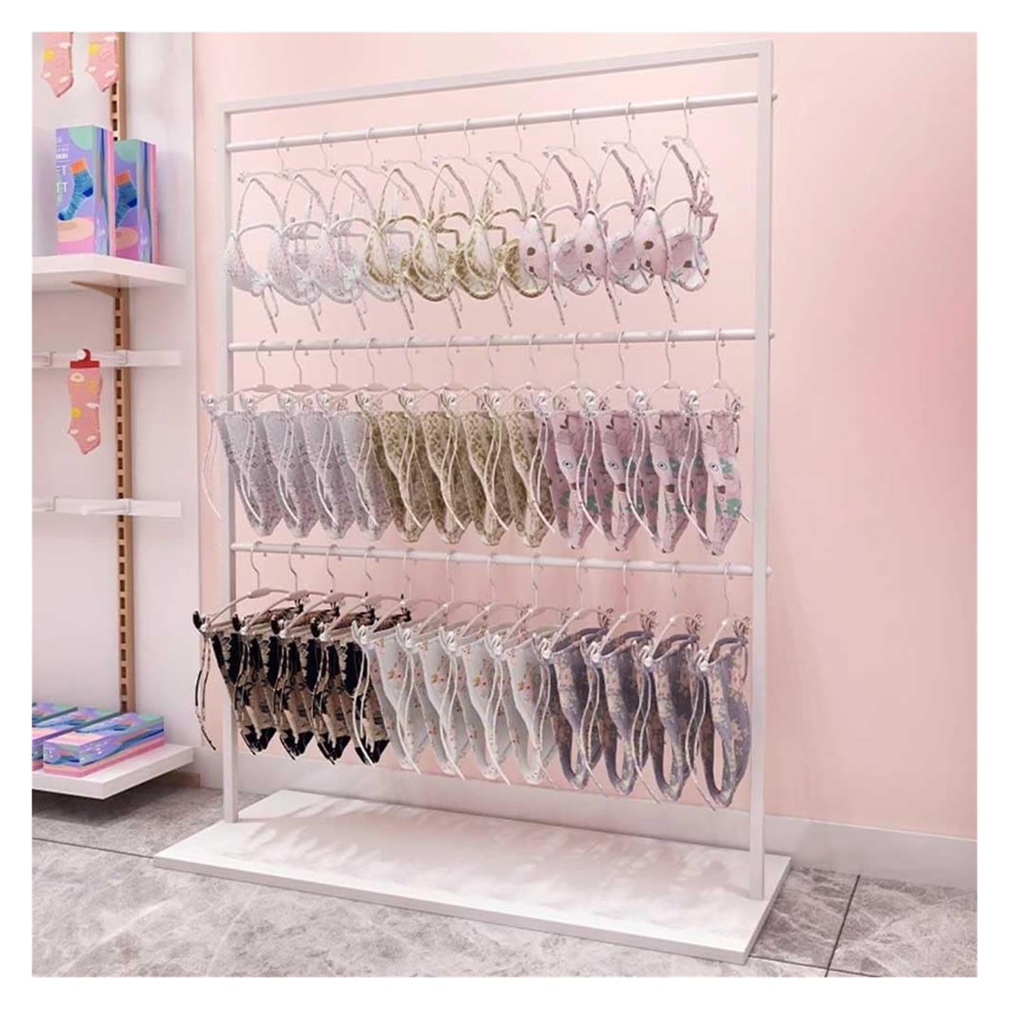 This Freestanding Display Rack for Lingerie & Swimwear Commercial Quality Hanger for Bras Bikinis and UnderwearVersatile Clothing Showcase for Retail Stores