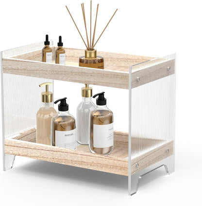 Bathroom Countertop Organizer, 2-Tier Wood Shelf for Cosmetic Storage, Acrylic Standing Rack for Home