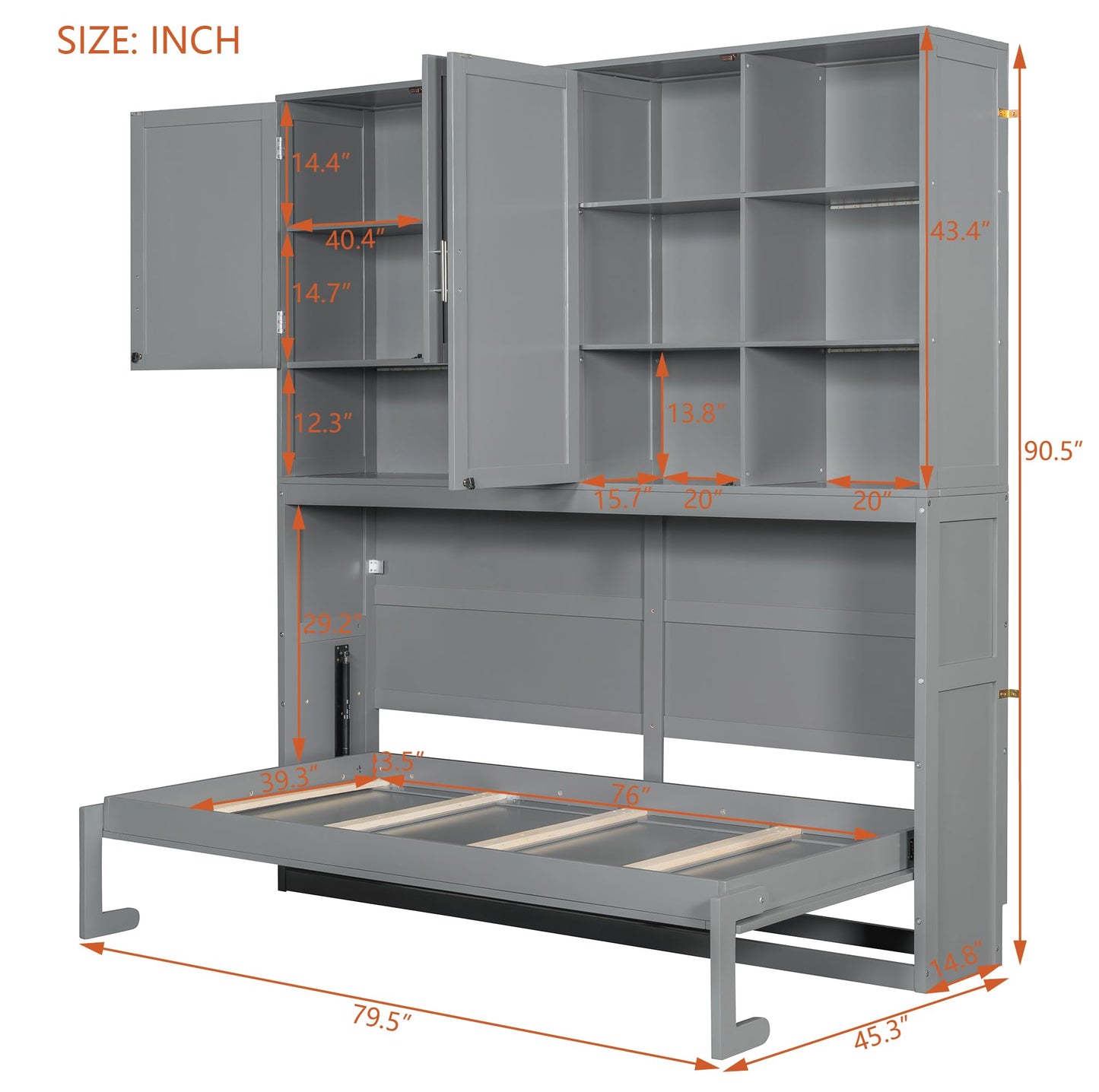 Ball & Cast Twin Size Murphy Bed,Foldable Wall Bed with Top Cabinet,Storage Shelves,Hidden Cabinet Bed Frame with Led Light and USB Port for Bedroom,Guest Room,Space Saving,No Box Spring Needed, Gray