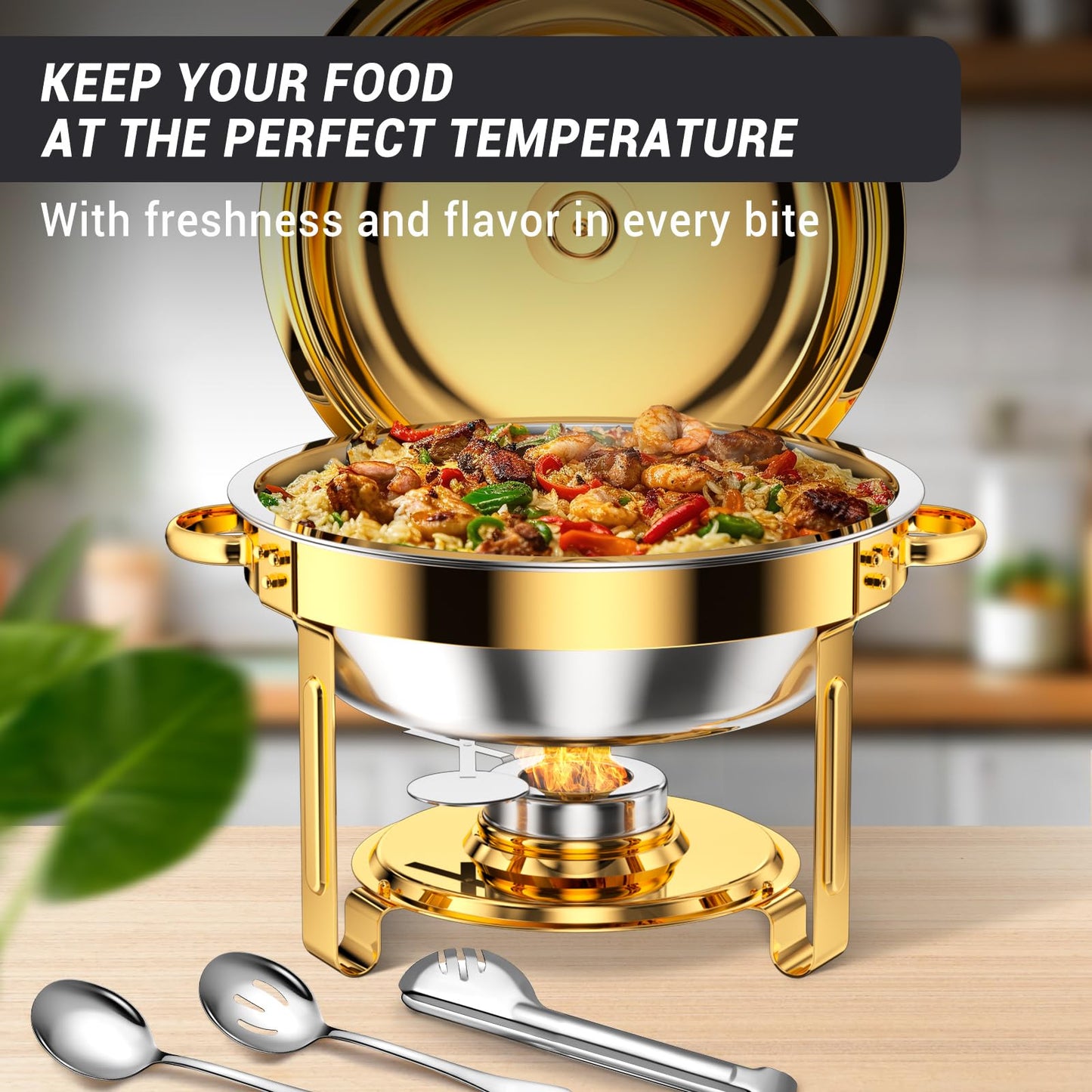 Keyoxy Round Chafing Dishes for Buffet 5 Qt,High Grade Chafing Dish Buffet Set with Stainless Steel Lid & Lid Holder,Full Size Pan,Food Warmers for Parties,Buffet,Wedding, Birthday 4 Pack (Gold)