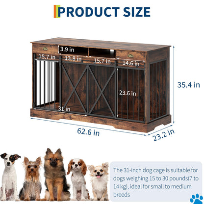 Garvee Double Dog Crate with Removable Divider, 63'' Extra Large Dog Cage Furniture with Sliding Doors & 2 Drawers, Multifunctional Indoor Pet House TV Stand for 2 Pets