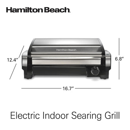 Hamilton Beach Electric Indoor Searing Grill with Adjustable Temperature Control to 450F, 118 sq. in. Surface Serves 6, PFAS-Free Removable Nonstick Grate, Stainless Steel (25360)